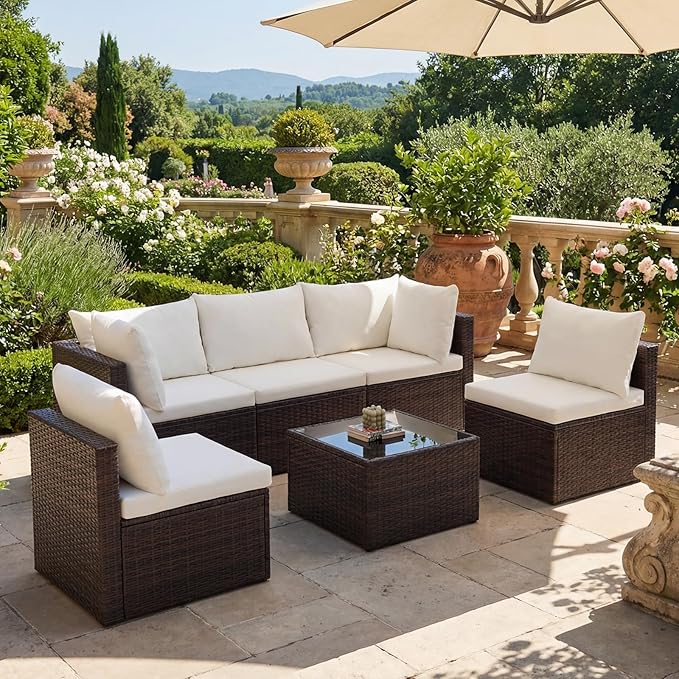 DUMOS 7 Piece Outdoor Patio Sectional Sofa, Modular Wicker Furniture Set
