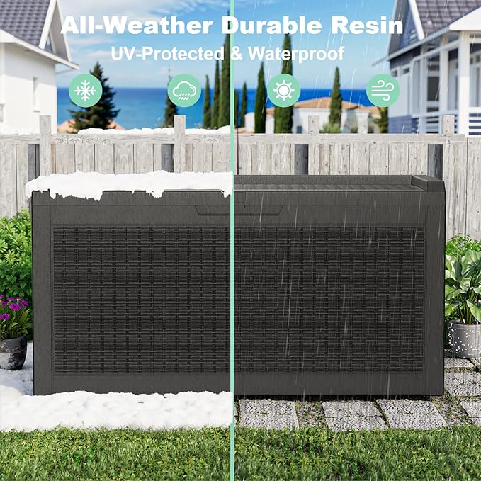 DRATO 60 Gallon Deck Box, Waterproof Resin Large Outdoor Storgae Box for Patio Furniture, Patio Cushions, Gardening Tools, Pool Supplies, Lockable（Black，60 Gallon）