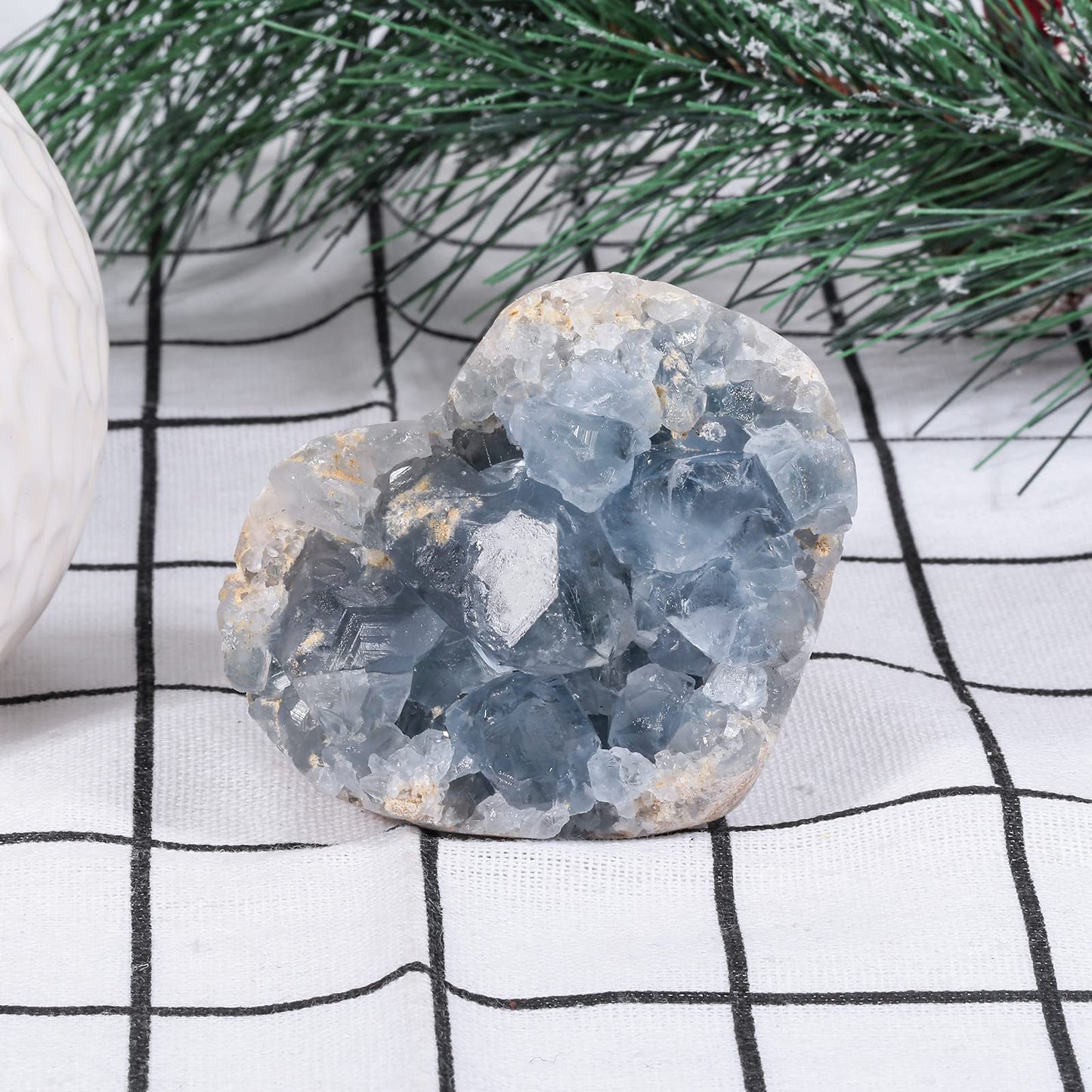 mookaitedecor Natural Celestite Crystal Geode Cluster Heart Mineral Specimen Stone for Crystals Healing Reiki Home Decoration(320-450g)