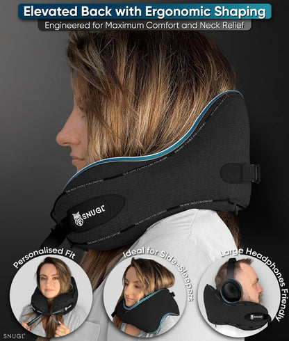 SNUGL Travel Pillow – Memory Foam Pillows - Neck Pillow for Airplane with Carry Bag & Clip – Neck Support Pillows for Pain Relief - Airplane Travel Essentials (Adult Regular - Black)