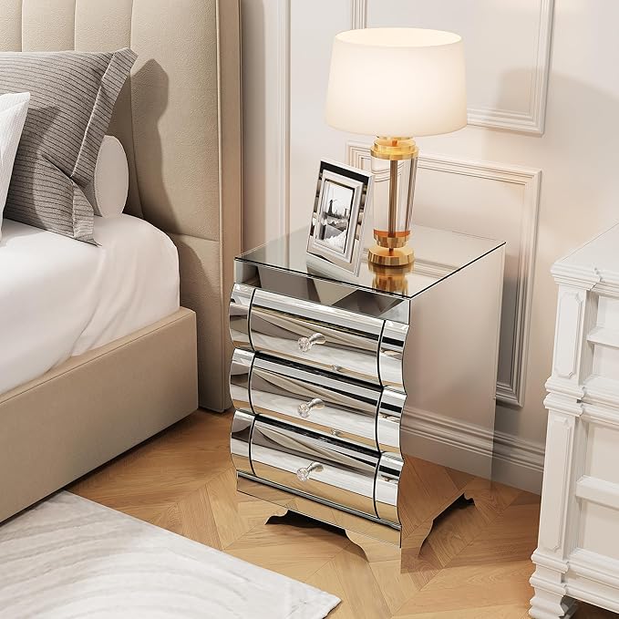 Curved Mirror Nightstand with 3 Drawer Glass Bedside Table