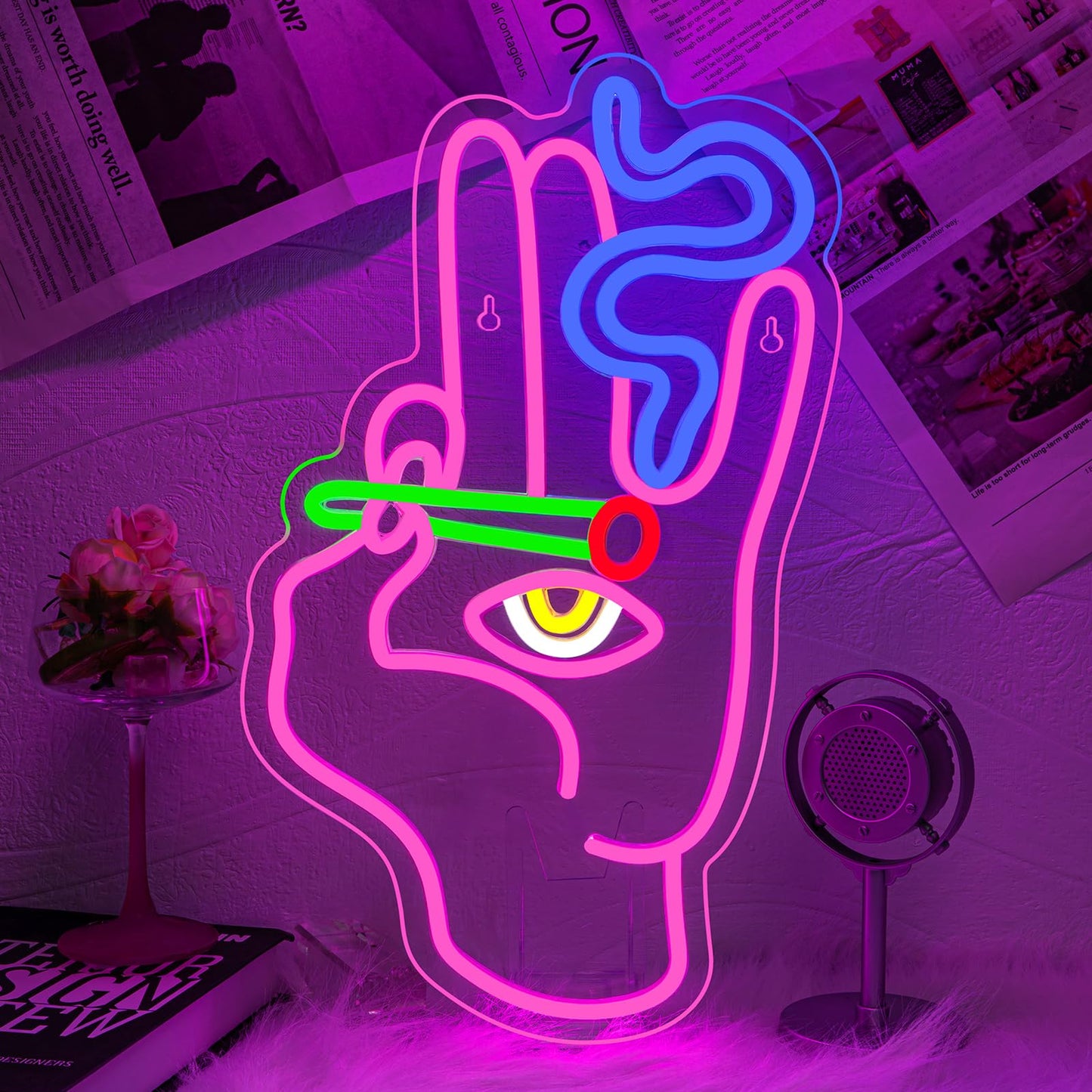 WLHOPE Evil Eye Hand Neon Sign for Wall Decor Pink Blue Led Lights Hamsa Light Signs USB Connectivity Eye Neon Light Signs for Bedroom Game Room Home Bar Pub Cafes Party Gift