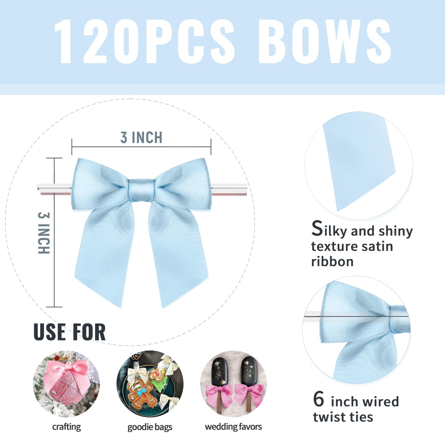 Rainbow Pana 120 Pack Twist Tie Bows for Treat Bags 3" Baby Blue Satin Ribbon Bows for Package Craft Gift Wrapping Decoration