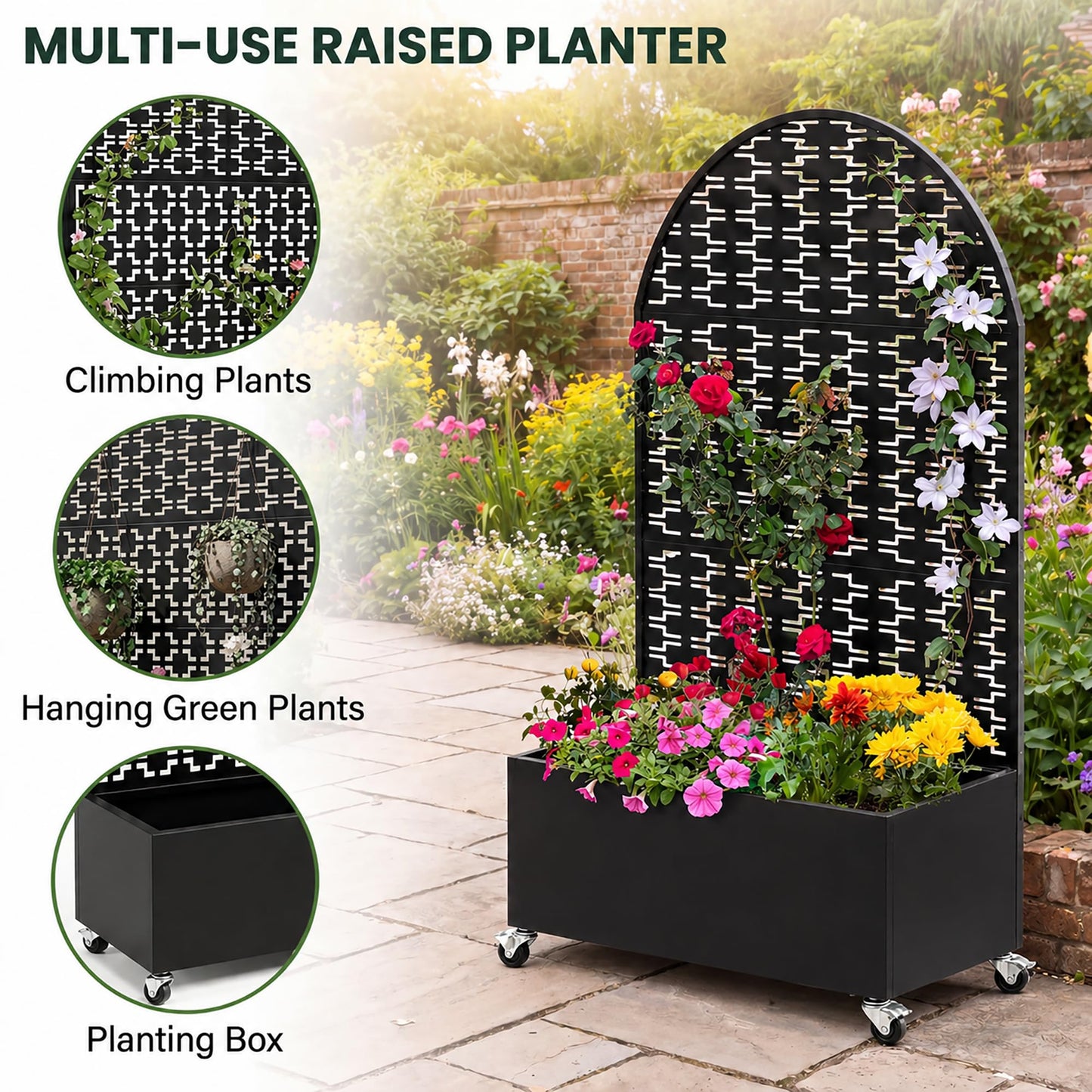 Veemuaro Metal Planter Box with Trellis, 70" H × 46" L Freestanding Outdoor Raised Garden Bed with Privacy Screen, Wheels and Drainage Holes, Arched Privacy Screen Planter Box for Backyard and Garden