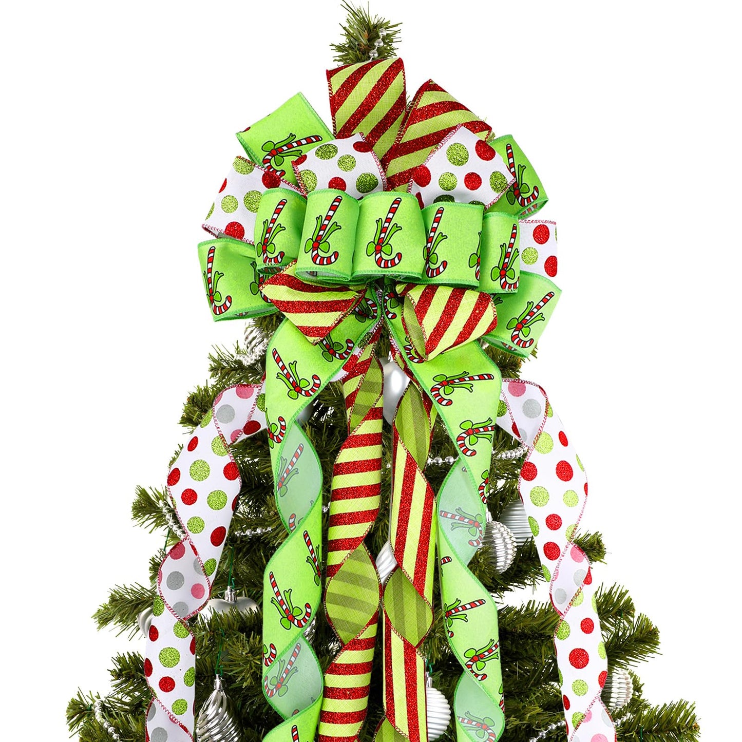Suncalla 2 Pcs 44 x 13 Inch Large Christmas Tree Toppers Green Christmas Tree Ornaments Candy Cane Ribbon Bows Lime Green Glitter Polka Dot Wreath for Xmas Holiday Indoor Outdoor Front Door Staircase