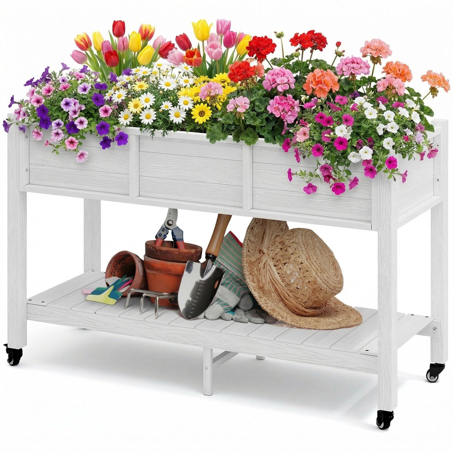DWVO 47x18x3in Raised Garden Bed HDPE Outdoor with Legs and Lockable Wheels, Weather-Resistant Poly-Wood Elevated Planter Box, Double Tier Planters for Backyard Patio Balcony, White