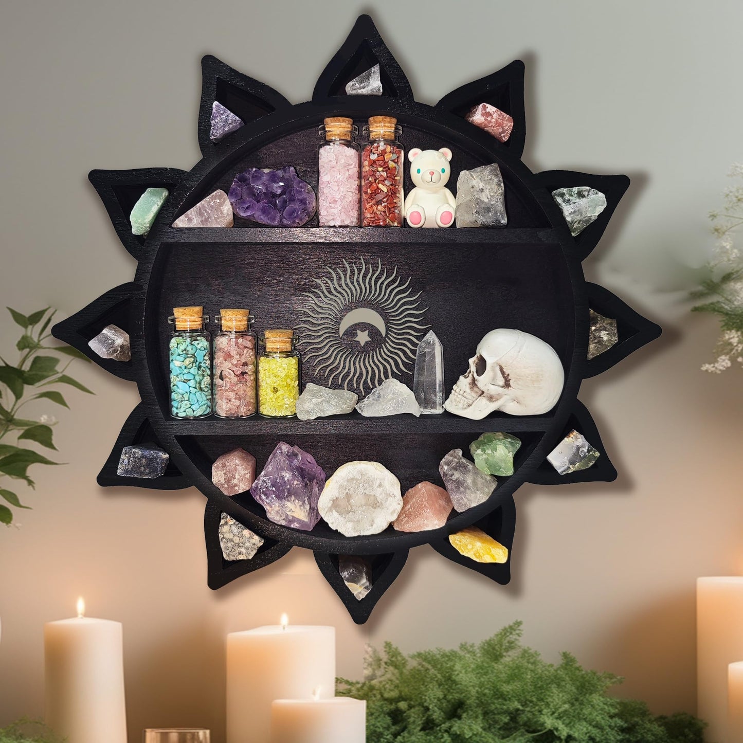FNYDOX Crystal Shelf Display for Wall, Crystal Display Shelf Chakra Wooden Lotus Flower Crescent Moon Shelf Wall Decor, Decorative Home Floating Shelf Stone Storage Gem Holder Boho Hanging Organizer