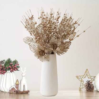 24 Pack Christmas Tree Ornaments - Artificial Flowers Glitter Berry Stems Christmas Floral Picks Branches for Xmas Tree Decorations Vase Filler Holiday Wedding Party Home Decor (Champagne)