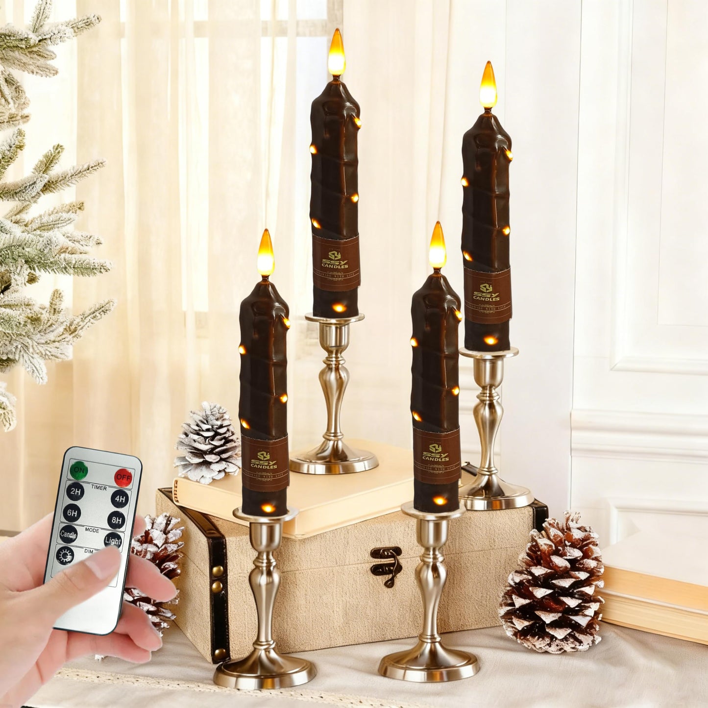 6.5 Inch Brown Flameless Taper Candles - 4 Pack Handmade Real Wax LED String Surface Candles with 10 Key Remote Timer Battery Operated LED Taper Candle for Thanksgiving Christmas Holiday Decor