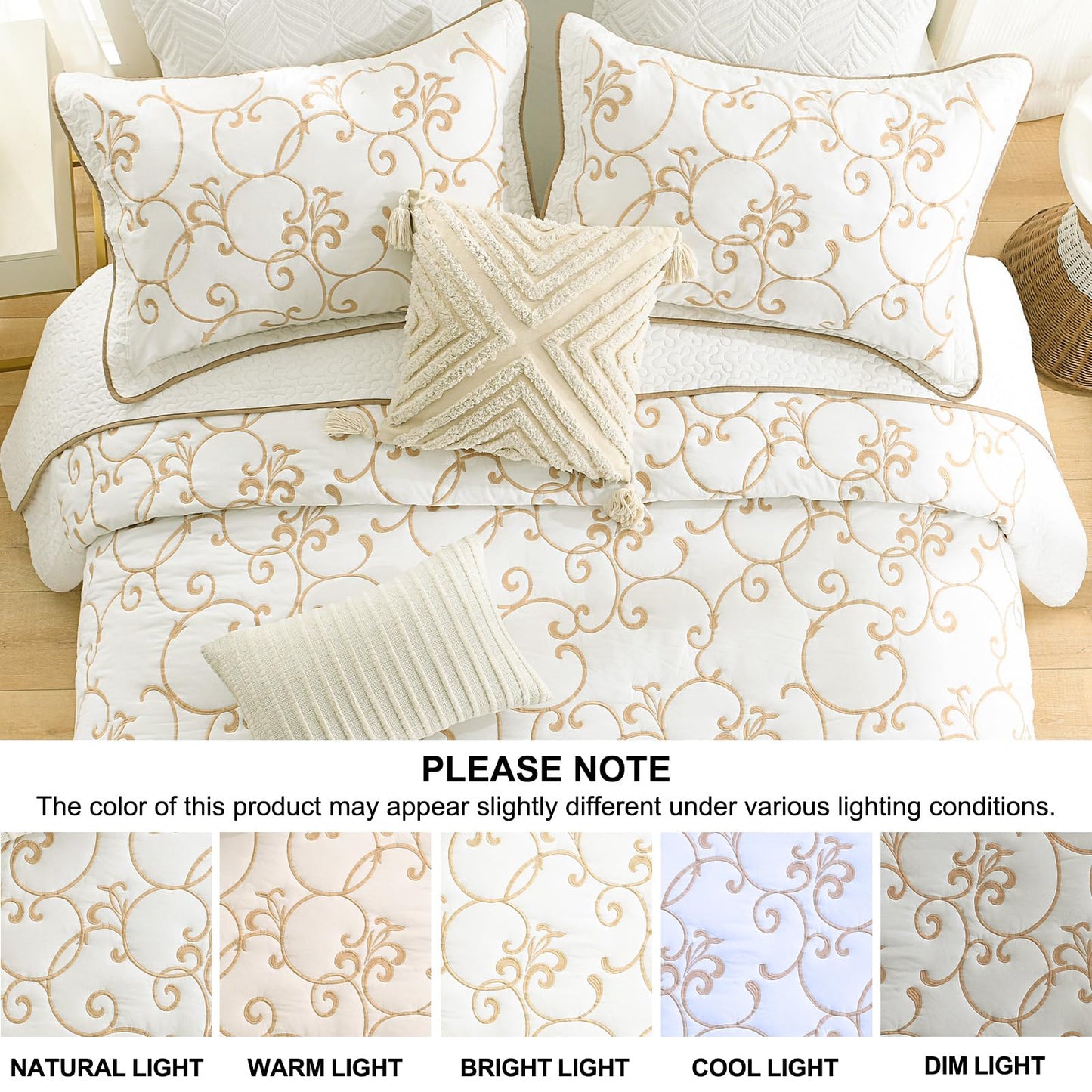 FineStichery 100% Cotton Oversized Bedspread Quilt Coverlet Set, 120"x102" Extra Large Queen Bedspreads with Pillow Shams, Lightweight Embroidered Bedding Cover 3 Piece, Beige/White