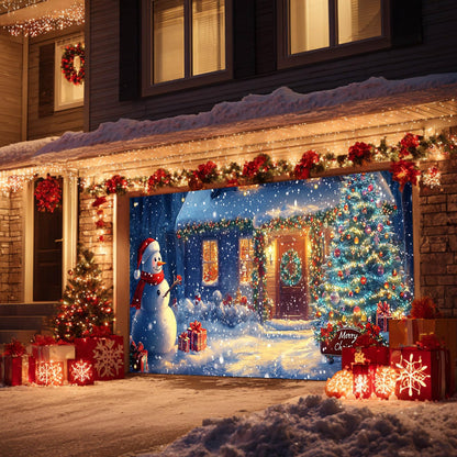 HOMETITUTE Christmas Door Banner 13x6ft Snowy Winter Scene Snowman Christmas Tree Gift Boxes Holiday Porch Decoration Seasonal Merry Christmas Front Door Cover Indoor Outdoor