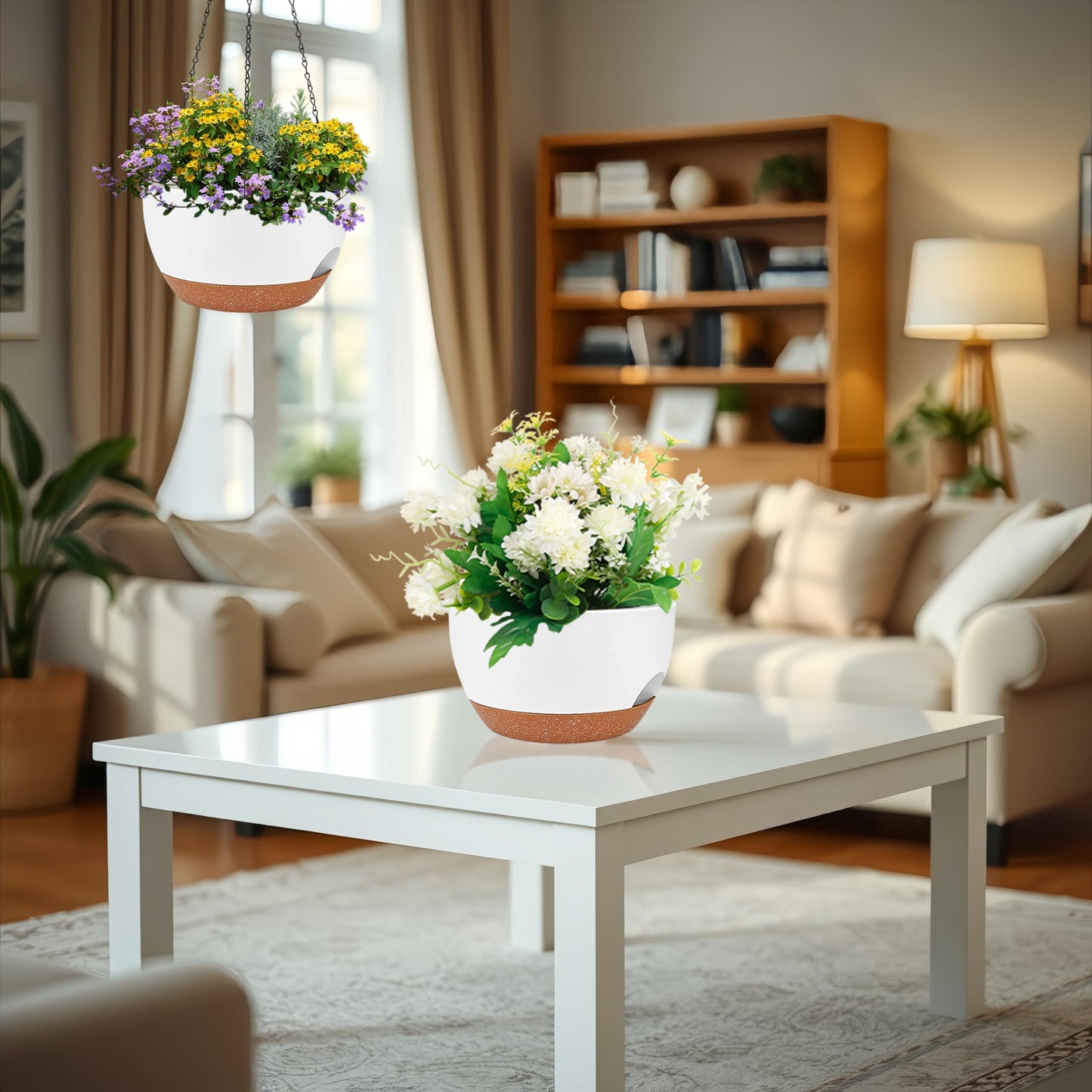 zople 2 Pack 12 Inch Self Watering Hanging Planters for Indoor Plants, Large White Brown Plastic Hanging Pots with Chains for Outdoor Patio Garden Home Decor White Brown