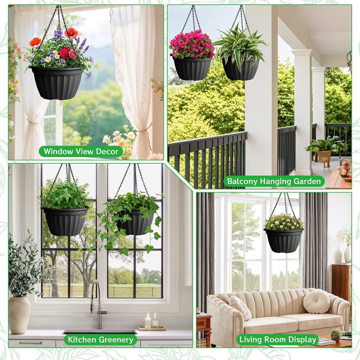 FGstyle 6 Pack Hanging Planters 8 Inch,Self Watering Pots for Indoor Plants,Plastic Hanging Basket with Soil Elevator and 20" Chain for Home Garden Porch Balcony Patio Decor(Black)