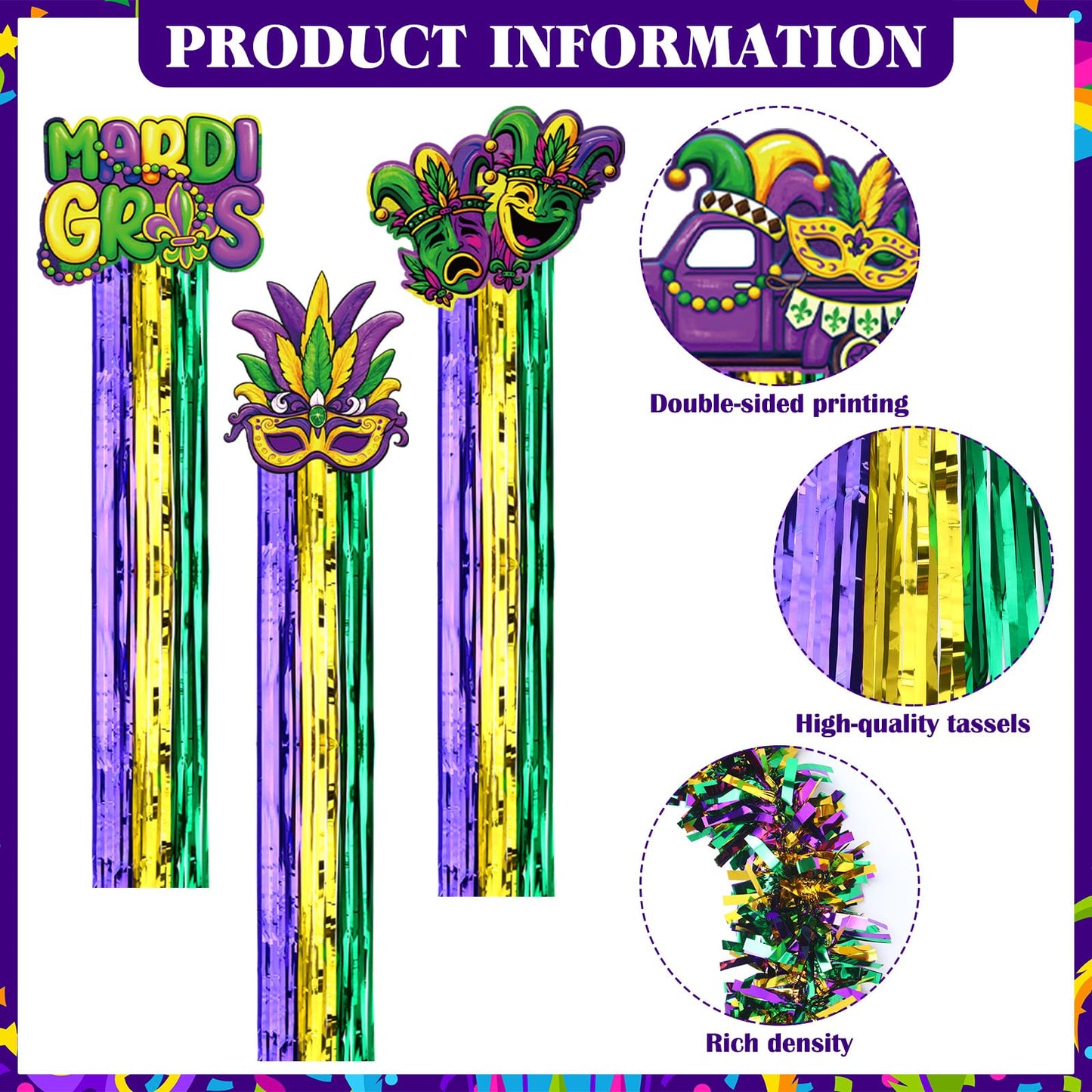 Gemscream 10 Pack Mardi Gras Decorations Set Mardi Gras Party Supplies Includes 8 Pcs Tassel Hanging Swirls and 2 Pcs 6.6ft Garland Hanging Outdoor Decor for Carnival Festival Home Garden Yard Decor