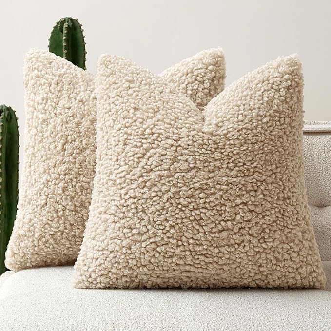 Faux Fur Throw Pillow Covers 20x20 Inch Set of 2 Boucle Neutral Decorative