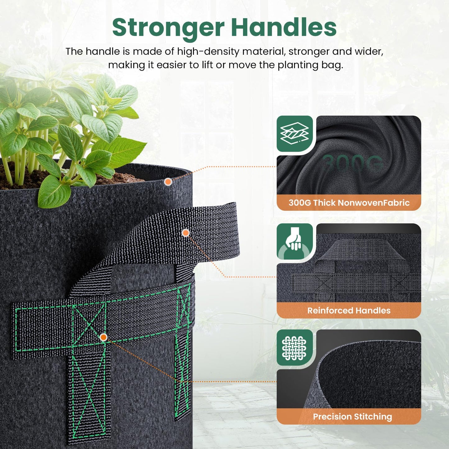 Jorvila 5 Pack 15 Gallon Grow Bags, Thickened Nonwoven Fabric Planter Pots with Handles, Heavy Duty 300G Garden Pots for Tomato, Potato and Vegetable