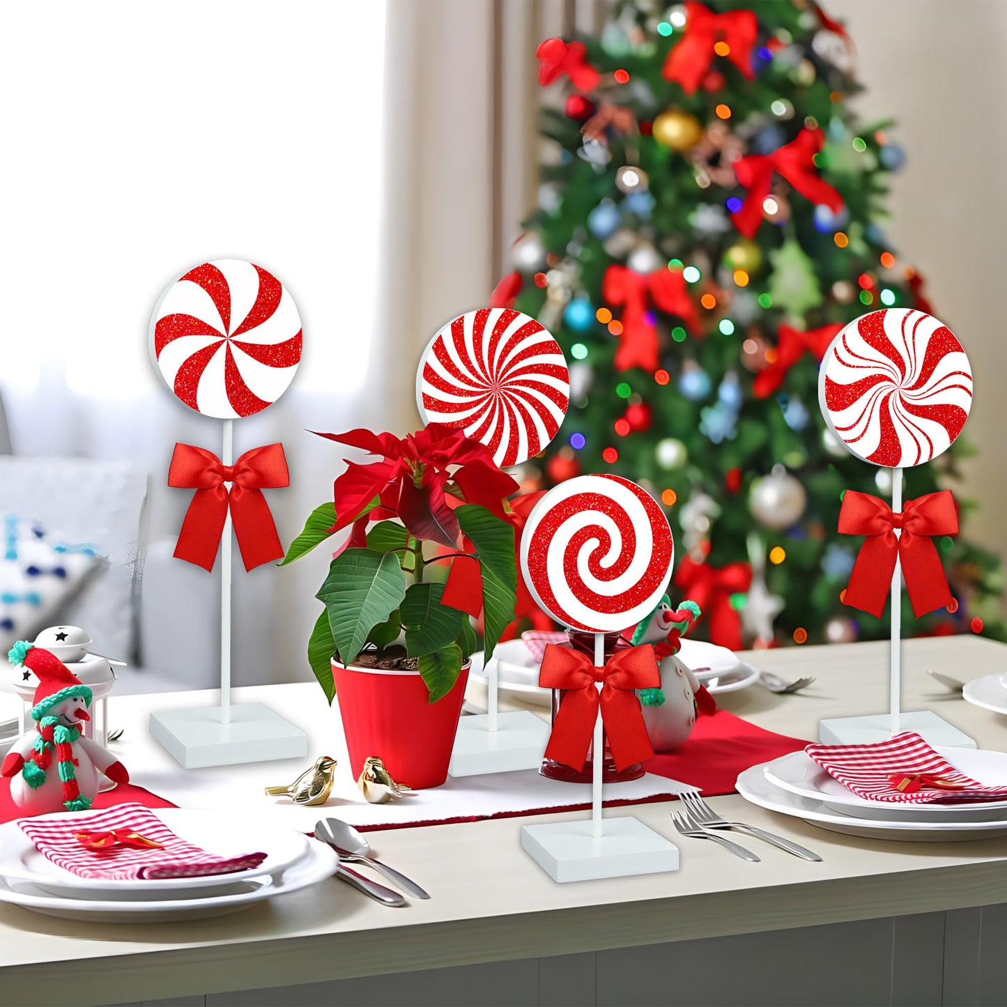 Christmas Wood Tabletop Decor Candy Standing Wooden Table Sign Red Christmas Tiered Tray Decor Rustic Xmas Candy Centerpieces for Xmas Holiday Party Home Kitchen Decors, 4 Pcs