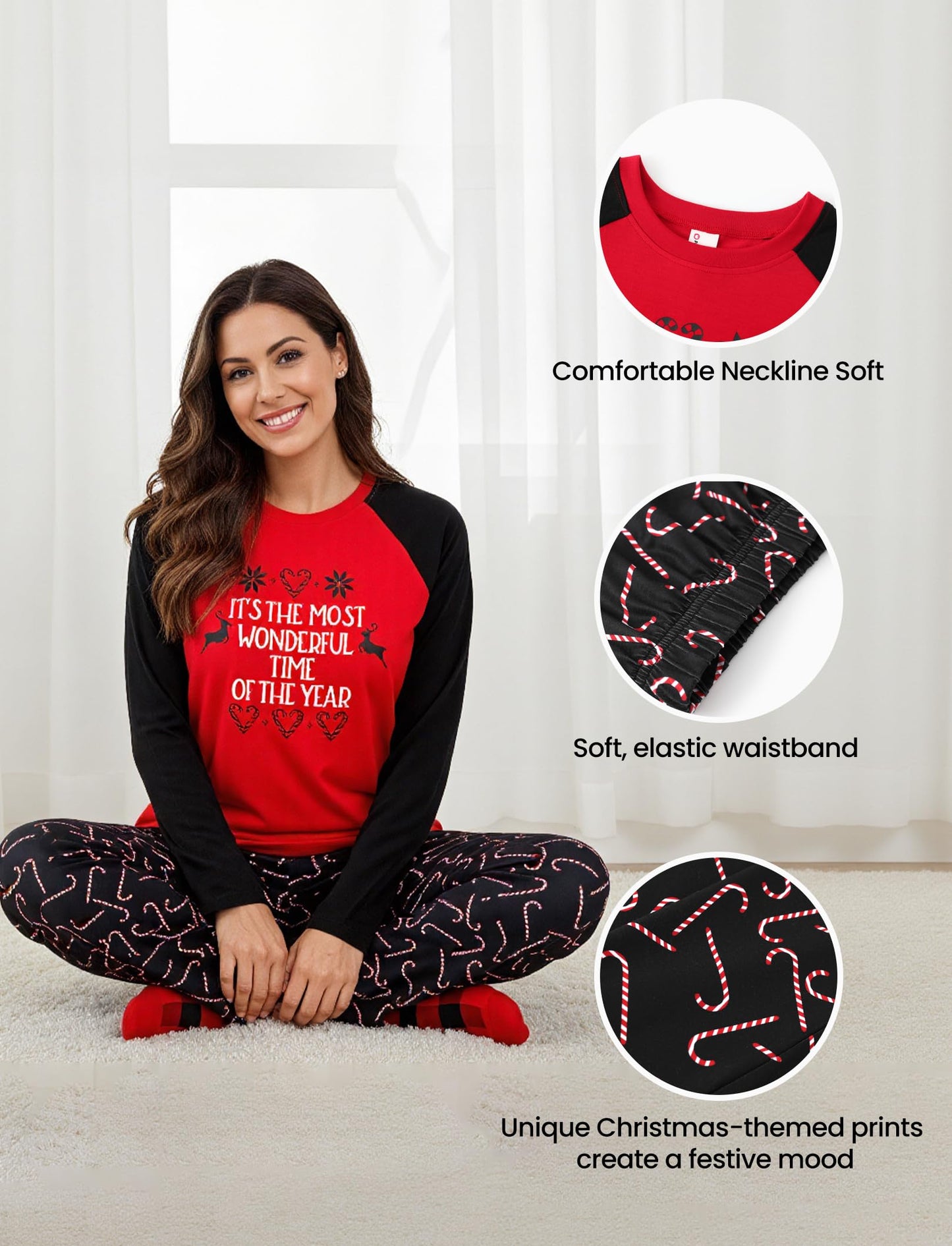 PATPAT Family Christmas Pajamas Matching Sets, Matching Christmas Pajamas for Family, Red Candy Cane Holiday Sleepwear Funny Letter Print PJs including Socks