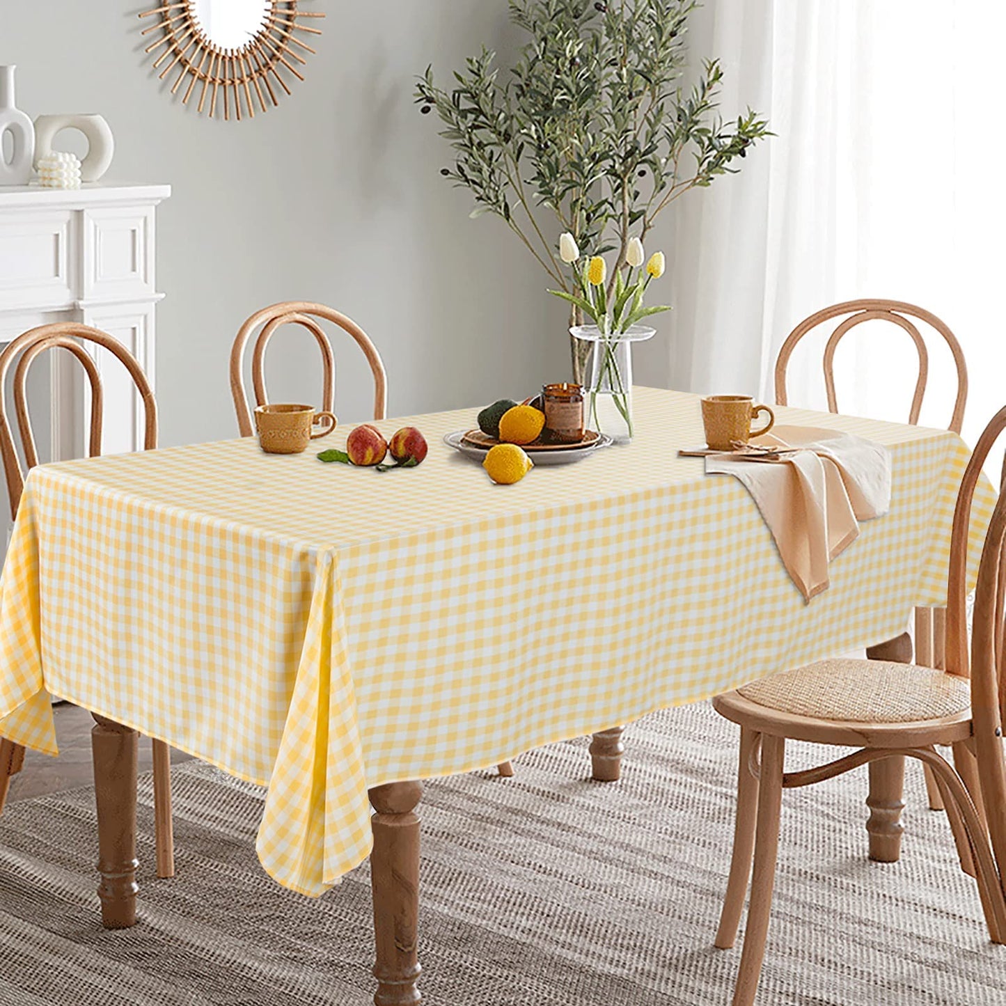 ShinyBeauty Checkered Tablecloth Rectangle 54''x70'' Yellow Buffalo Plaid Tablecloths Gingham Check Table Cloth Cotton Table Linen Waterproof Fabric Table Cloths for Kitchen Dining Picnic