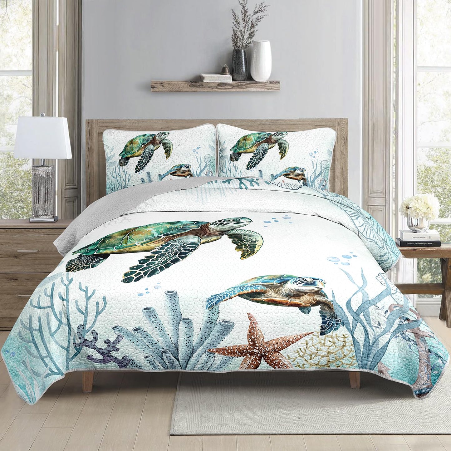 AILONEN Sea Turtle Bedding Quilt Set Queen Size,Teal Blue Ocean Beach Coastal Bedspread Coverlet,3 Pieces Soft Lightweight Quilt & 2 Pillowcases