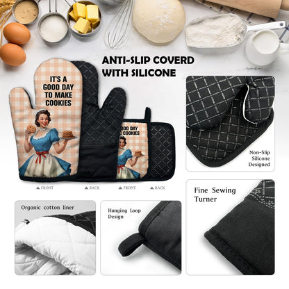 ZHANTUONE It's A Good Day to Make Cookies Funny Heat Resistant Oven Mitts and Pot Holders Set with Silicone Non-Slip, Vintage Lady Cookie Lovers Baking Gadgets, Gifts for Bake Lover Hostess Mom Wife