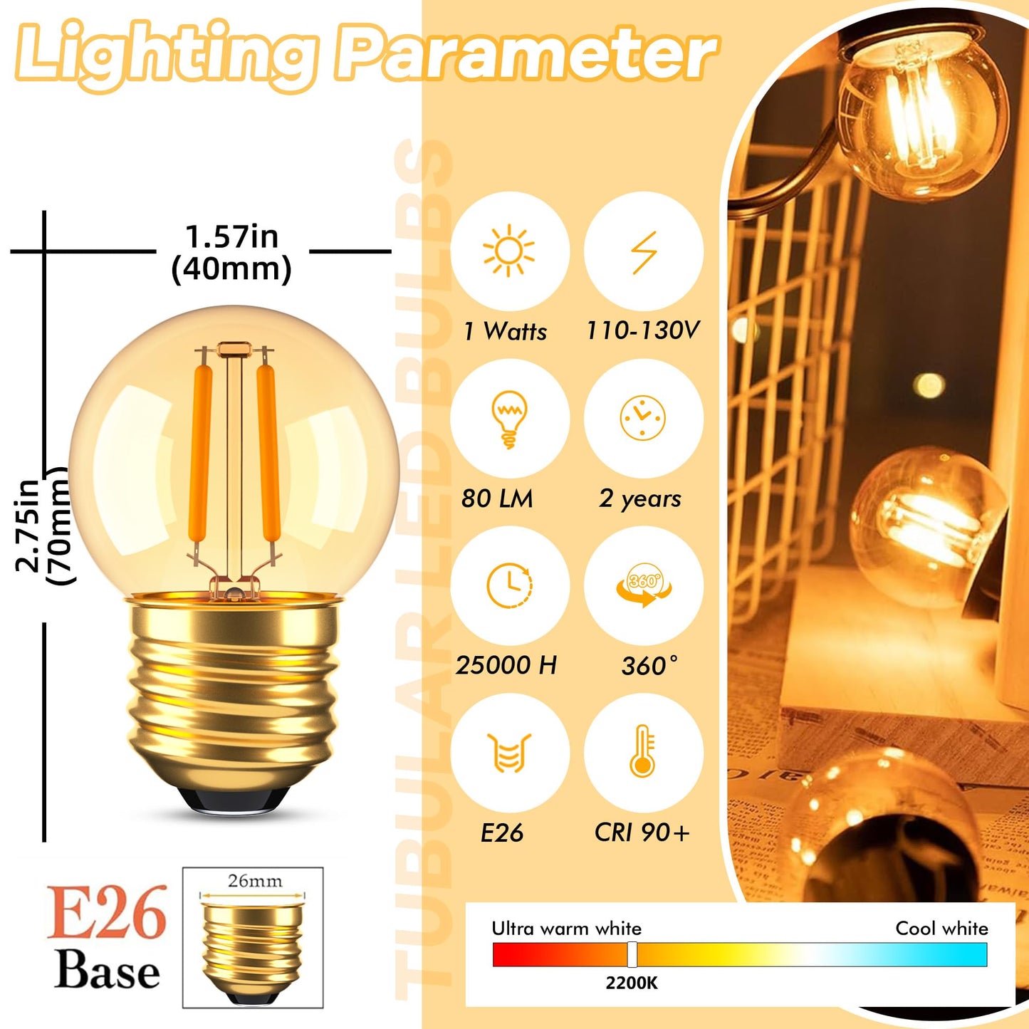 Grensk G40 Low Watt Light Bulb Edison LED Bulb Mini Globe Light Bulbs 1W Equivalent to 10Watt Incandescent E26 Screw Base Led Bulbs Ultra Warm White 2200K, Non Dimmable (G40g-2pack)