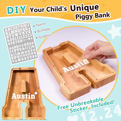 SummiDate Wooden Letter Money Box for Kids, Personalised Piggy Bank for Boys Girls Toddler, Alphabet A Money Banks| Coin Bank Birthday Gift for Kids|Children's Gift(Initial-A)