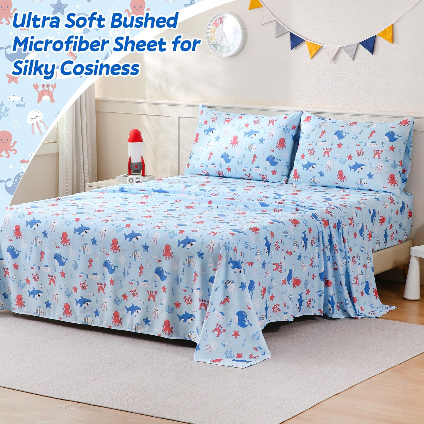ChicView Twin Sheet Set Kids,3 Pieces Breathable Soft Microfiber Bedsheets for Child Boys Girls, Anti Pilling Deep Pockets Easy Care Bed Sheets, Ocean Animals