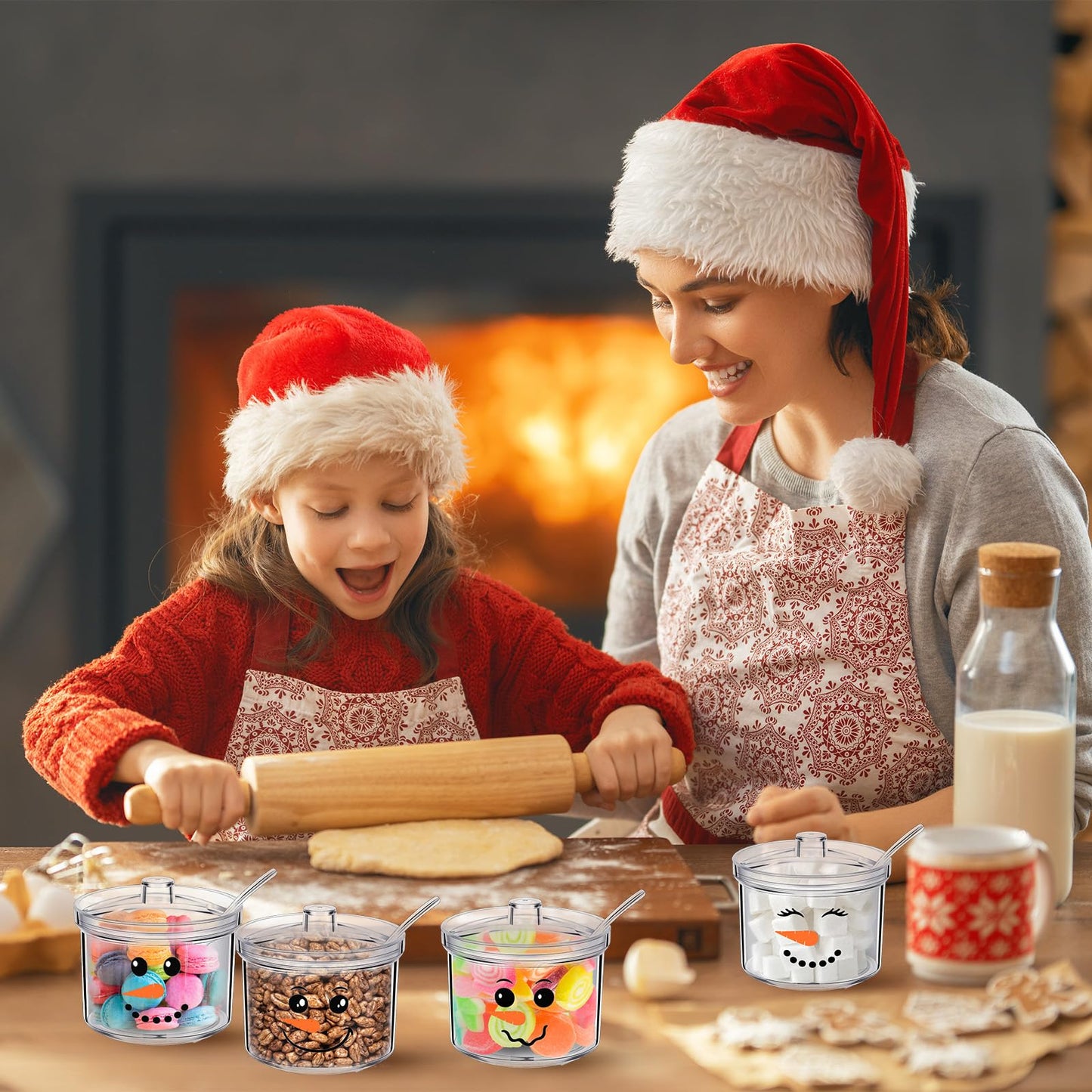 FYSUIMU 4Pcs Christmas Clear Acrylic Sugar Bowl with Lid and Spoon Snowman Face Kitchen Countertop Canisters Condiment Bottle Hot Cocoa Bar Supplies for Winter Xmas Party