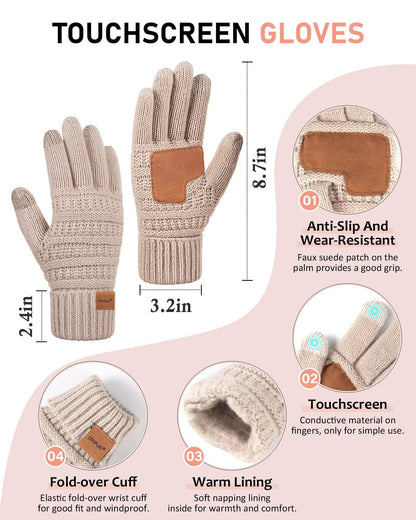 Womens Winter Beanie Hat Scarf Gloves Headband Set, Slouchy Beanie Ear Warmer with Fleece Lined Thick Knit Neck Scarf Touchscreen Gloves, 4 Piece Fashionable Warm Gift Set for Cold Weather(Oatmeal)