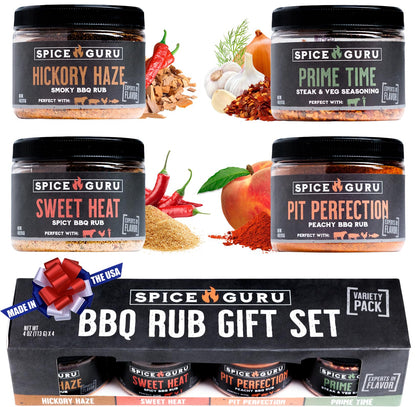 Spice Guru BBQ Rub Gift Set – 4 Flavor Barbecue Seasoning Sampler – Mens Christmas Gifts for Dad, Husband or Brother – Premium Grilling Spices & Holiday Gift Set for Grill Lovers - Grill Accessories