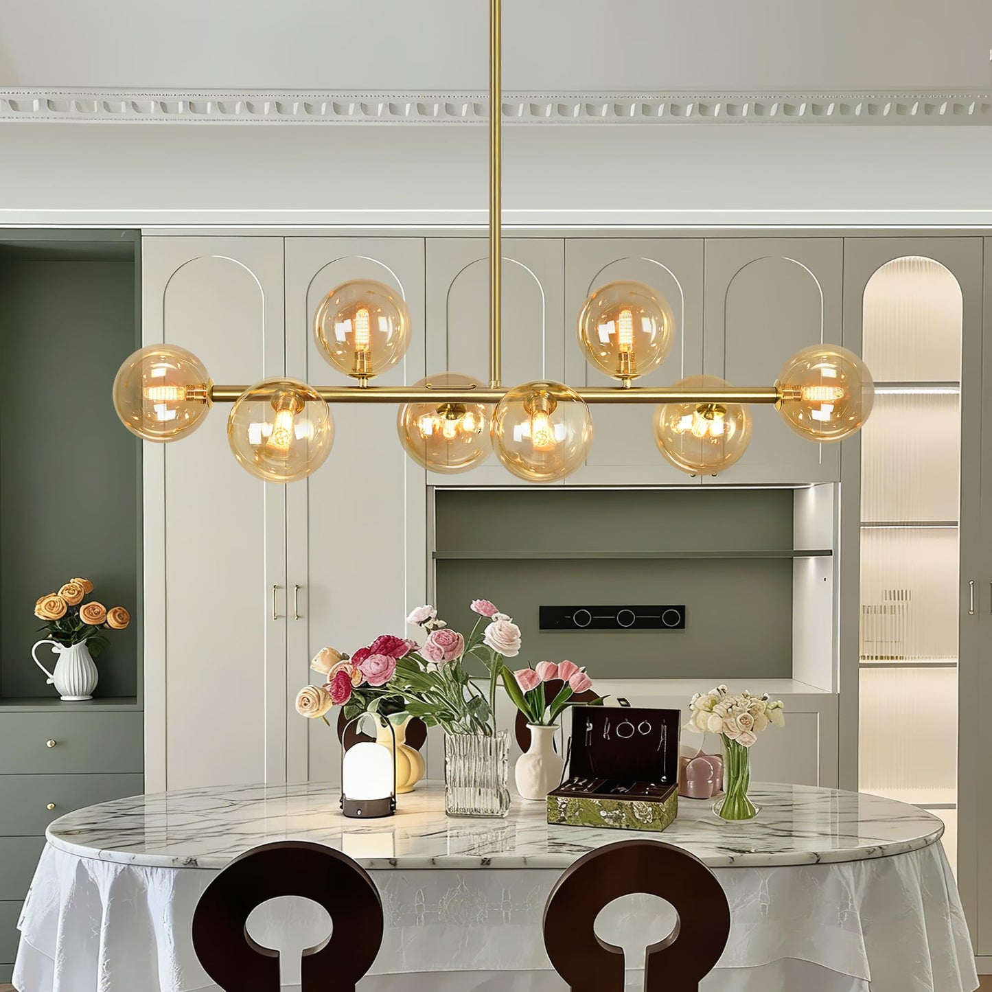 Gold Linear Chandelier,8-Light Bubble Amber Glass Globe Chandelier Mid Century Modern Sputnik Chandeliers for Dining Room Light Fixture Electroplated Brass Chandelier 37" Pendant Lights Kitchen Island