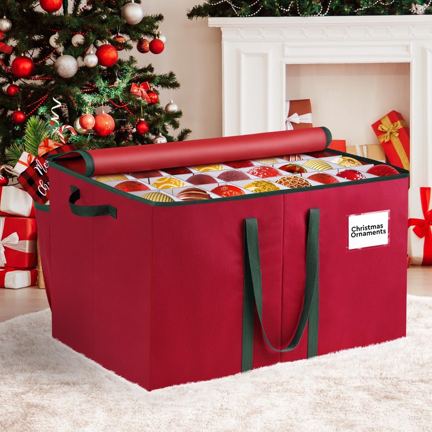 RoomHacks Christmas Ornament Storage Box, Store Up to 128 Ornaments, Durable Christmas Storage Container, Dual Zipper & Adjustable, Large Organizer Bin to Protect and Store Holiday Ornaments(Red)