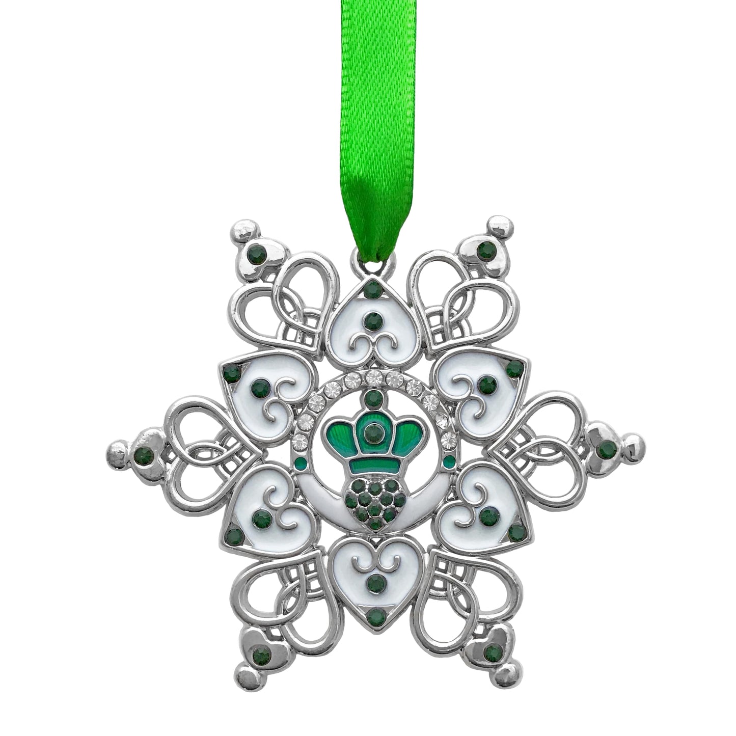 Irish Christmas Ornament Claddagh Snowflake, Filigree Metal Celtic Holiday Decoration with Green Jewels, 3 x 3 Inch Gift Ornament with Storage Bag, Irish Blessing for Family, Friends, Mom, Grandma