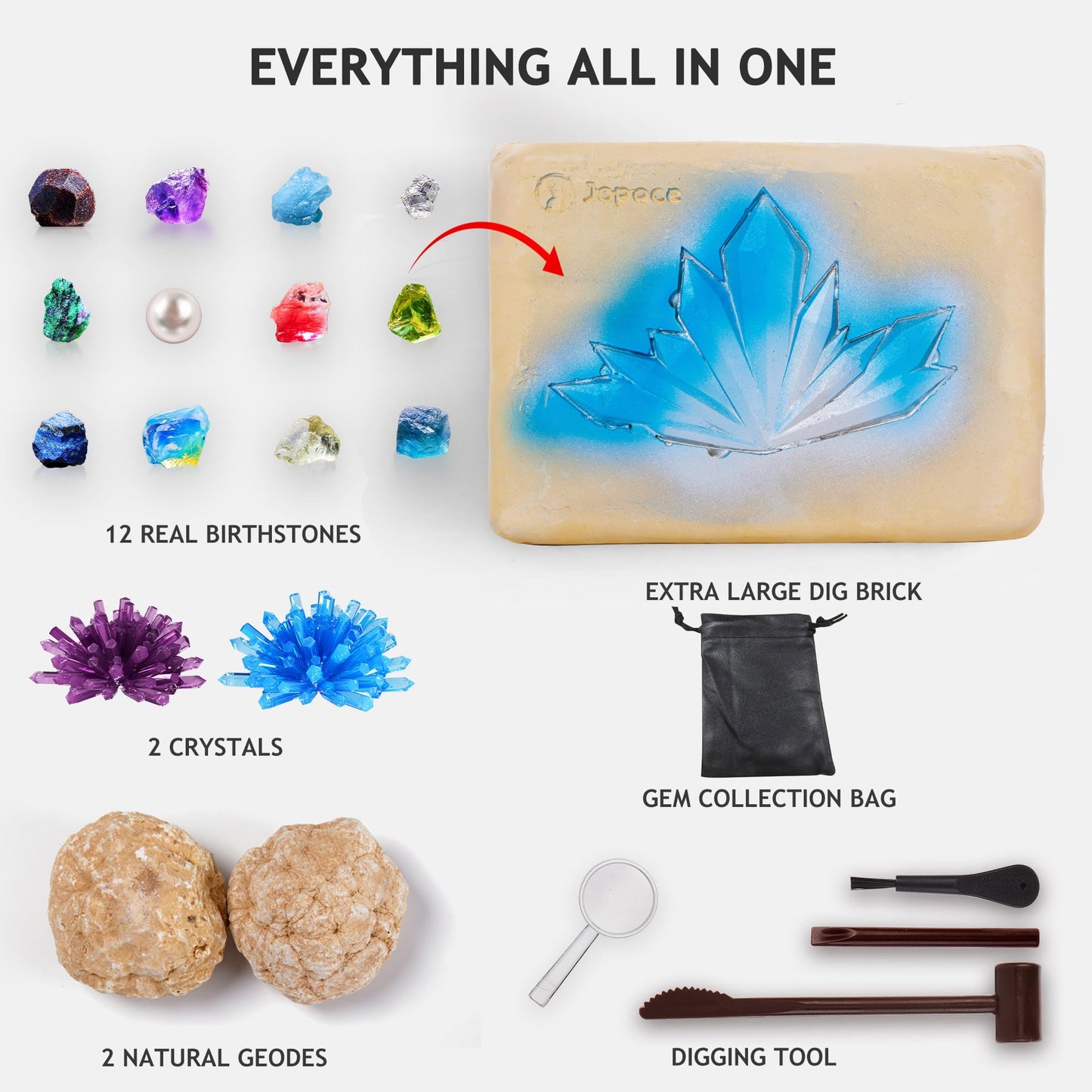 Japace Earth Science Kits for Kids Age 6-8-12-14, Birthstone Gemstone Dig Kit, Geology Kit with Break Your Own Geodes, Crystal Growing Experiment, Rock Mining Kit Birthday Gifts Toys for Boys Girls