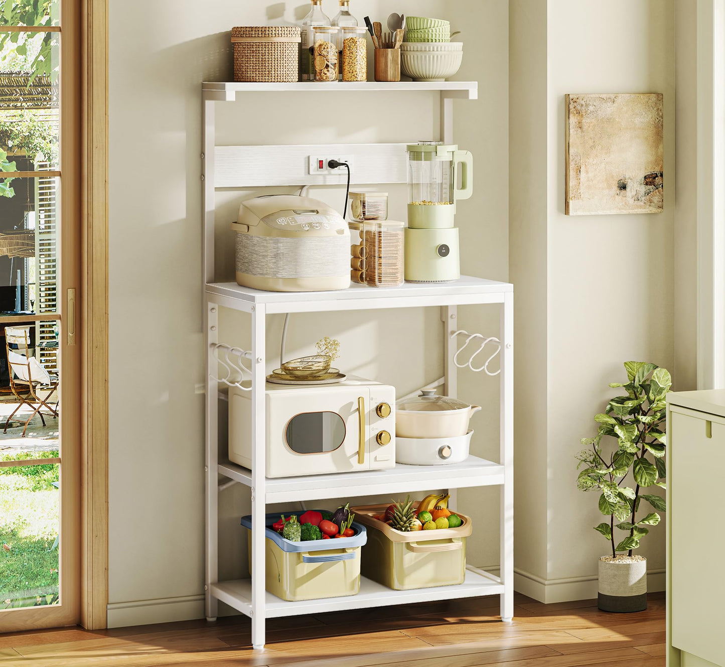 SUPERJARE Kitchen Bakers Rack with Power Outlet, Coffee Bar Table 4 Tiers, Kitchen Microwave Stand with 6 S-shaped Hooks, Storage Shelf Rack for Spices, Pots and Pans - Rustic Brown