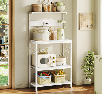 SUPERJARE Kitchen Bakers Rack with Power Outlet, Coffee Bar Table 4 Tiers, Kitchen Microwave Stand with 6 S-shaped Hooks, Storage Shelf Rack for Spices, Pots and Pans - Rustic Brown