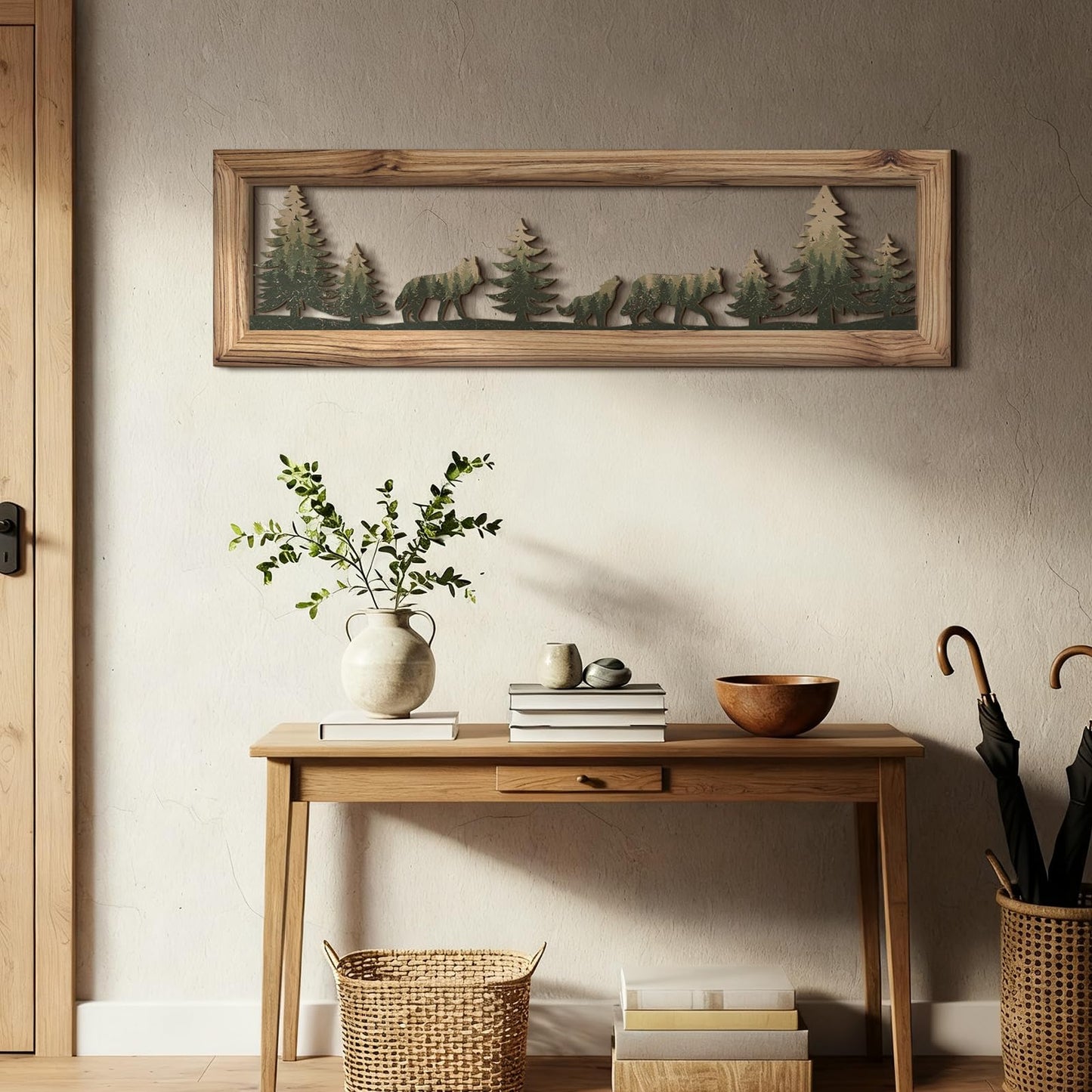 Wesiti Woodland Wolf Wall Art 16 Inch Wood Frame Metal Rustic Forest Animal Wall Decor Farmhouse Lodge Cabin Picture Art Decor for Home Bedroom Living Room