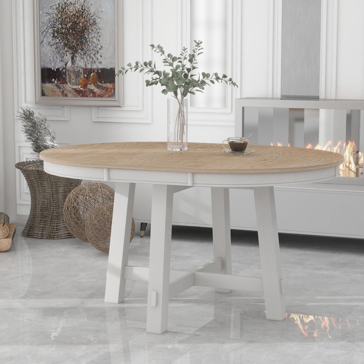 GDFStudio 42"-58" Farmhouse Extendable Dining Table for 4-6, Solid Wood Round Dining Table with 16" Leaf & X-Shaped Base, Kitchen & Dining Room Table, Space Saving, Oak Natural Wood+Antique White