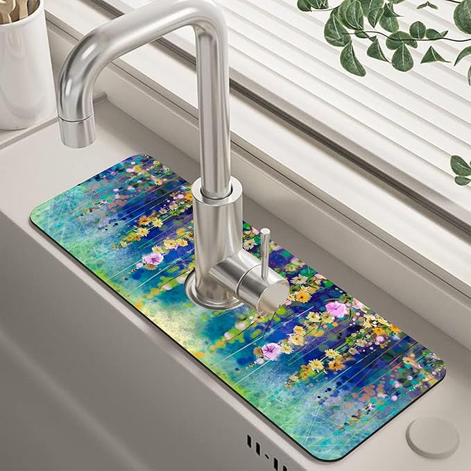 Abstract Watercolor Floral Kitchen Sink Splash Guard Mat Absorbent Fast Drying