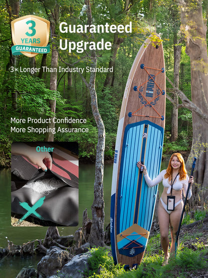 Niphean (Extra Large) Inflatable Paddle Board, SUP for 2+1 People/Family 500lbs Capacity Stand Up Paddle Board with SUP Accessories, StabilTrac Fin Non-Slip Paddleboard for Adults-Woven Wood