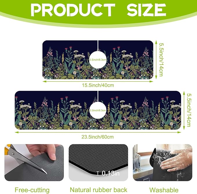 Colorful Herbs and Wild Flowers Kitchen Sink Splash Guard Faucet Mat Super