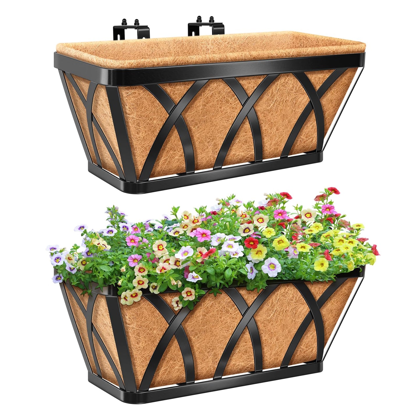 Riare 2 Pack 16 Inch Metal Railing Planter Window Box with Coco Liner- Adjustable Window Flower Boxes for Railings, Hanging Rail Planters for Deck, Balcony, Porch, Fence, Indoor Outdoor Plants