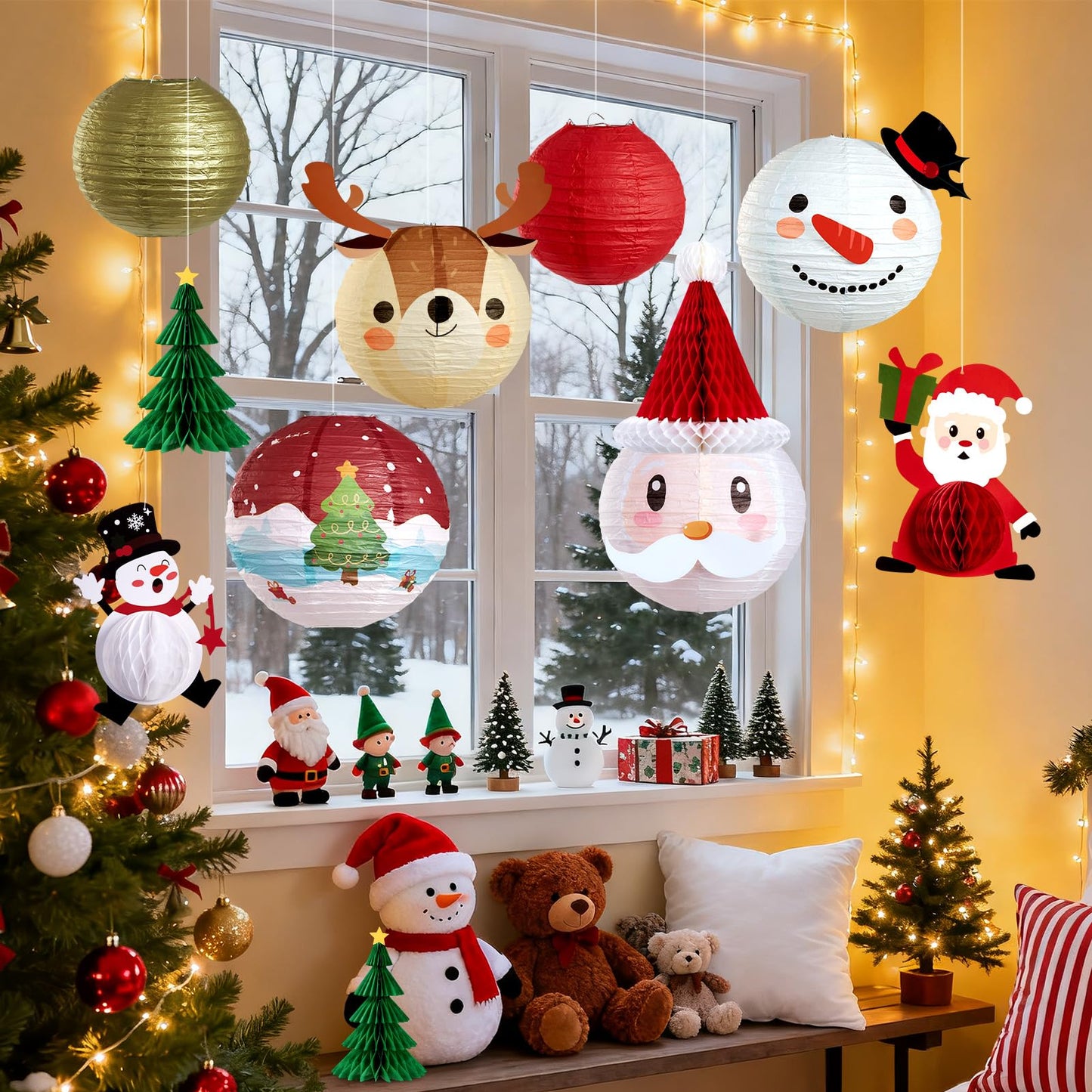 Christmas Paper Lanterns Hanging Classroom Christmas Decorations Ceiling Party Decorations Including 3D Xmas Hat, Santa Claus, Snowman Christmas Trees Honeycomb, for Xmas Holiday Home Indoor 11 PCS