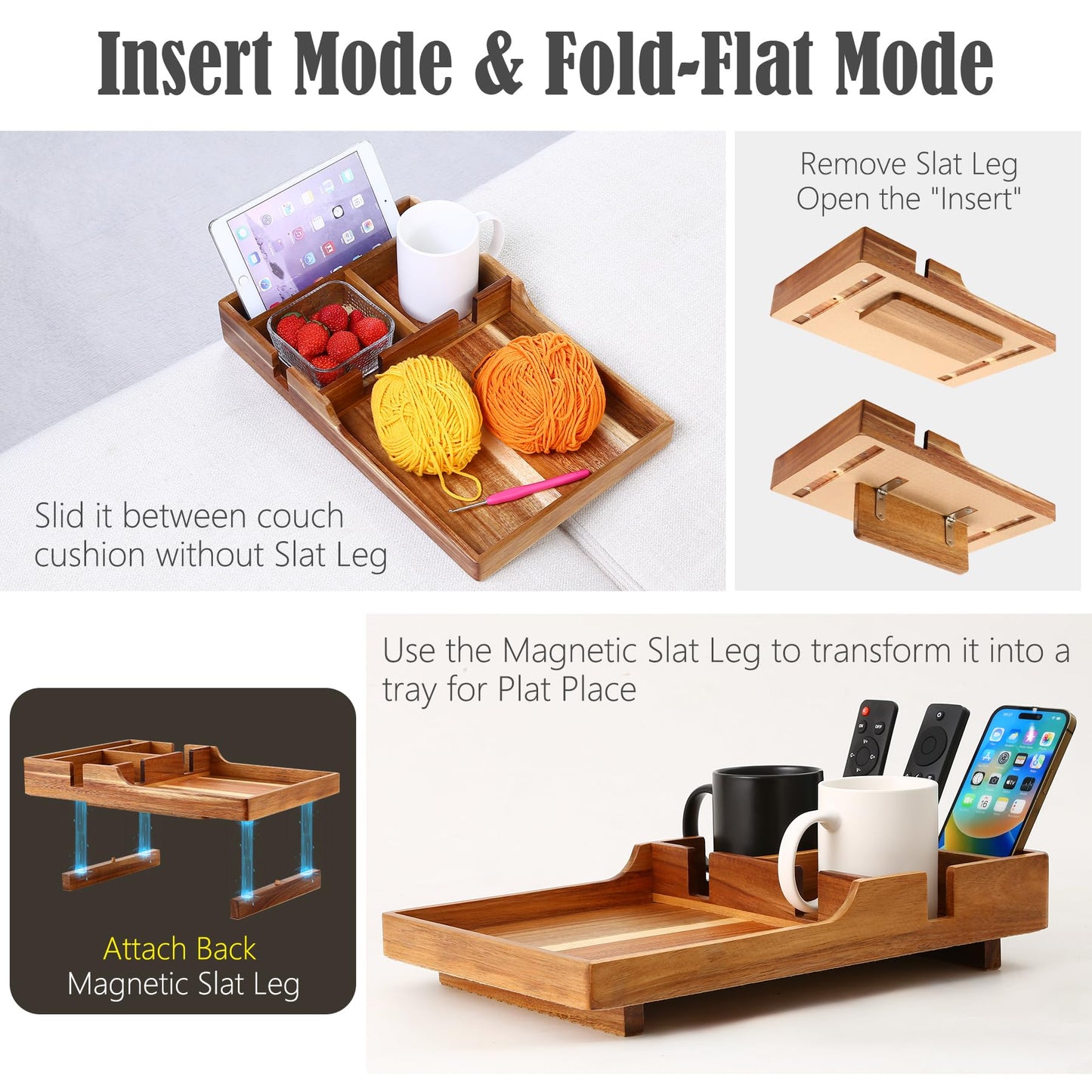 Nnewvante Couch Tray Insert with Cup Holder,2-in-1 Insert & Flat Sofa Organizer Acacia Wood with 2 Cup Holders,Fits Middle Couch or Ottomans,for Snacks, Drinks, Remotes,15.35x9.84-inch