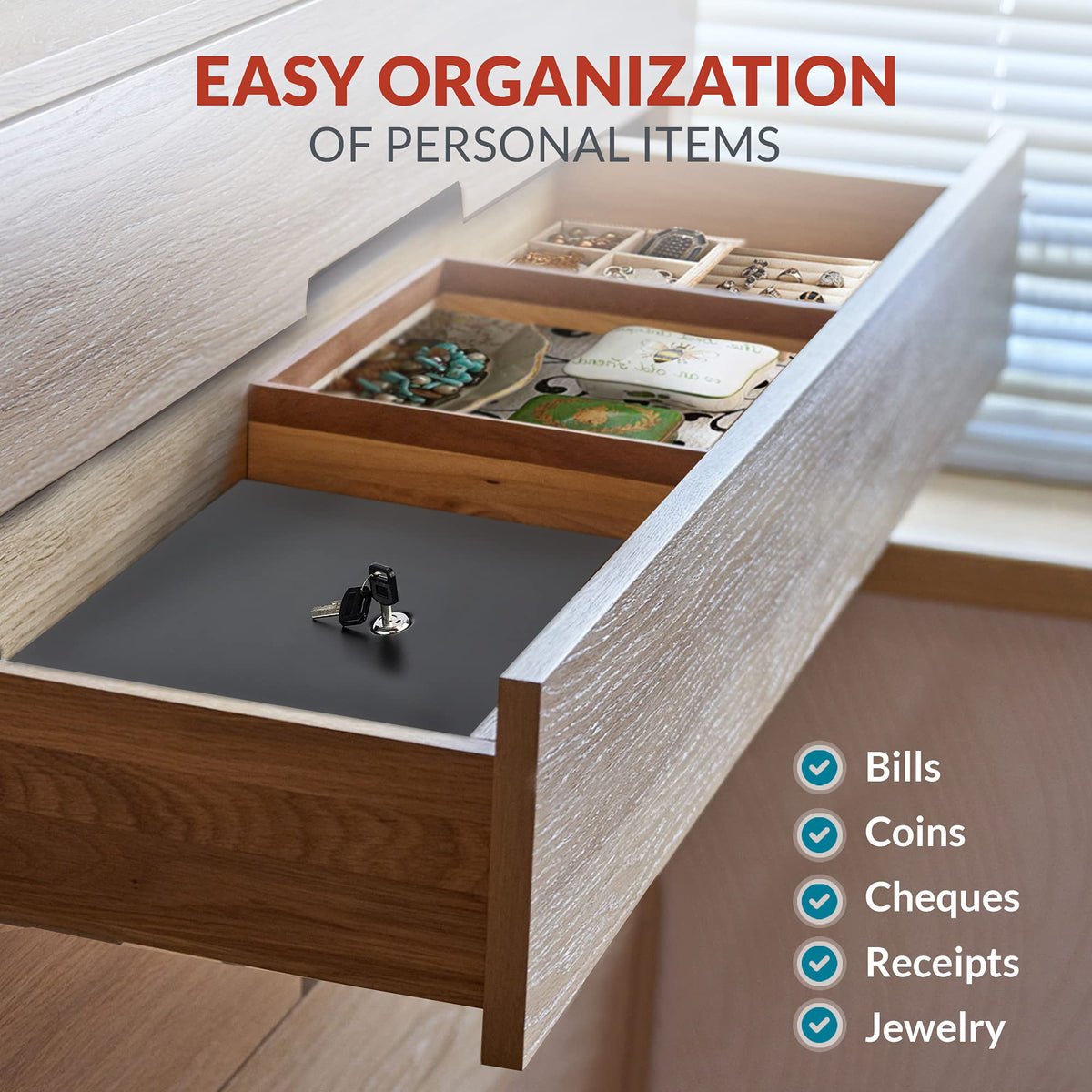 Volcora Cash Drawer Tray with Locking Cover - 11.7 x 10.3 x 2.3 Inch Metal Cash Lock Box with Lid - 4 Bill/5 Coin Money Organizer for Volocara 13" Fully-Removable Cash Drawers - For Business Use