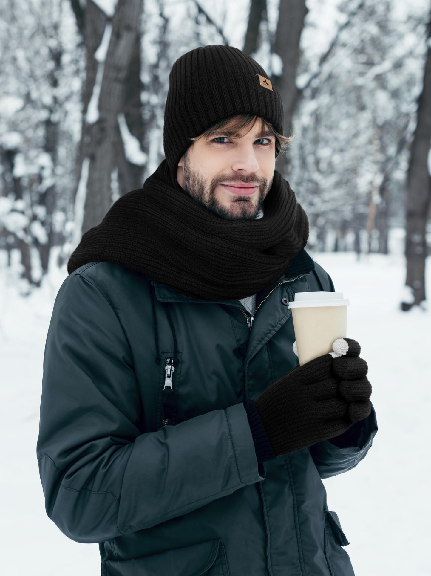 3 PCS Winter Hat Scarf Gloves Set, Soft Warm Knit Beanie Hat Touchscreen Gloves Long Knitted Scarf Set Winter Gifts for Men