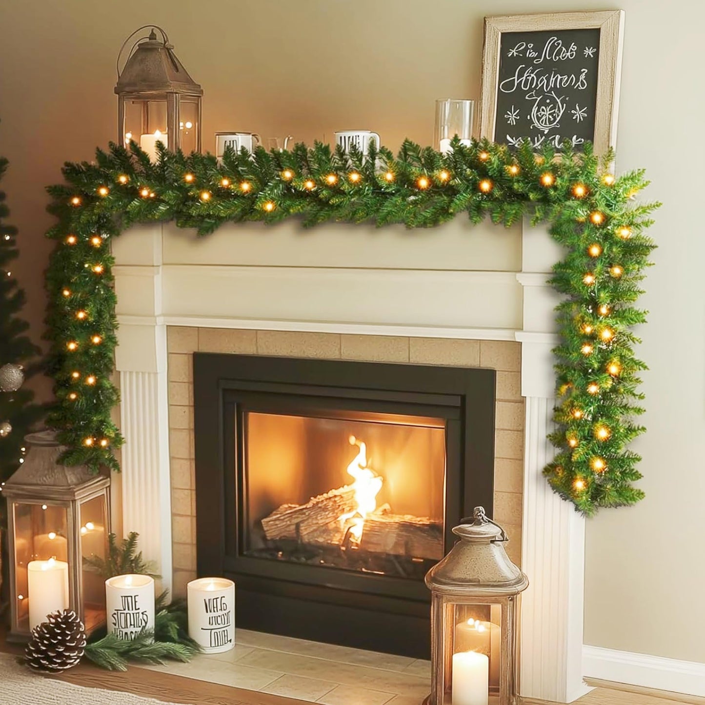 ANOTHERME 9 FT Pre-lit Christmas Garland Holiday Artificial Decor, Christmas Garland with Lights for Stairs Wall Door Indoor Outdoor Garland with Battery Operated Timer