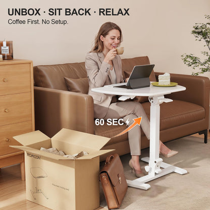 ROMOON Folding Small Standing Desk with Wheels, No-Assembly Portable Sit-Stand Laptop Cart, Adjustable Height Rolling Space Saving Workstation for Home Office, Small Space (White)