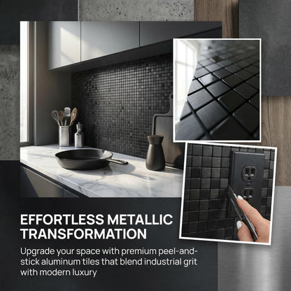 sanyeskkiy 10pcs Matte Black Mosaic Wall Stickers - Peel & Stick Waterproof Backsplash, Non-Slip Heat-Resistant DIY Stickers, Easy Cutting, Shower/Bathroom/Kitchen Cabinets (10, Brushed Black 1)